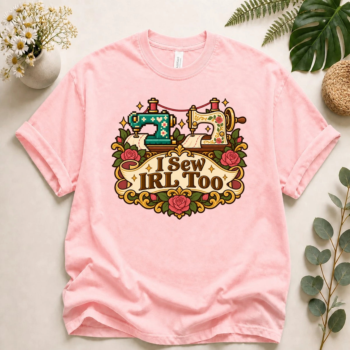 I Sew IRL Too Shirt, Cozy Gamer Sewing Tee, Pixel Sewing Machine Shirt, Seamstress Gamer Gift, Sewist Shirt T-Shirt