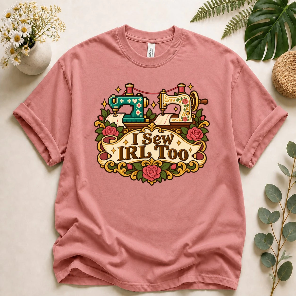 I Sew IRL Too Shirt, Cozy Gamer Sewing Tee, Pixel Sewing Machine Shirt, Seamstress Gamer Gift, Sewist Shirt T-Shirt