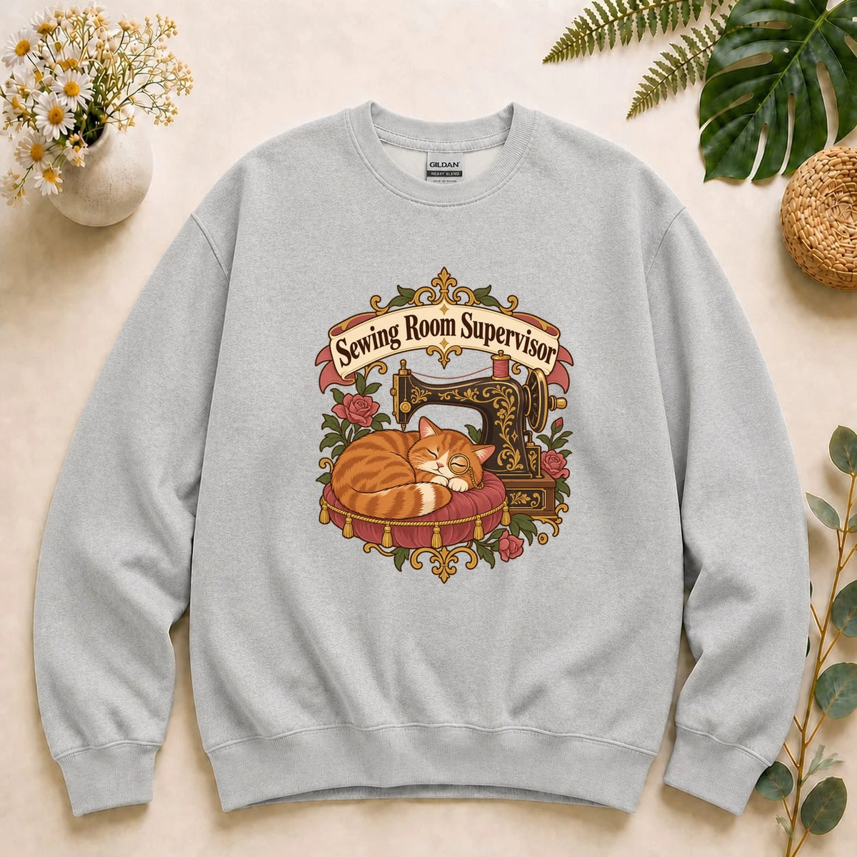 Sewing Room Supervisor Shirt, Cat Lover Sewing Gift, Funny Seamstress Tee, Vintage Sewing Machine Cat Shirt, Quilter Gift Sweatshirt