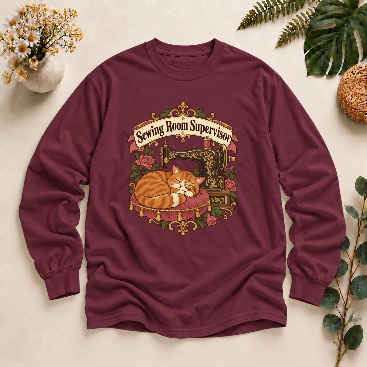 Sewing Room Supervisor Shirt, Cat Lover Sewing Gift, Funny Seamstress Tee, Vintage Sewing Machine Cat Shirt, Quilter Gift Long Sleeve T-Shirt