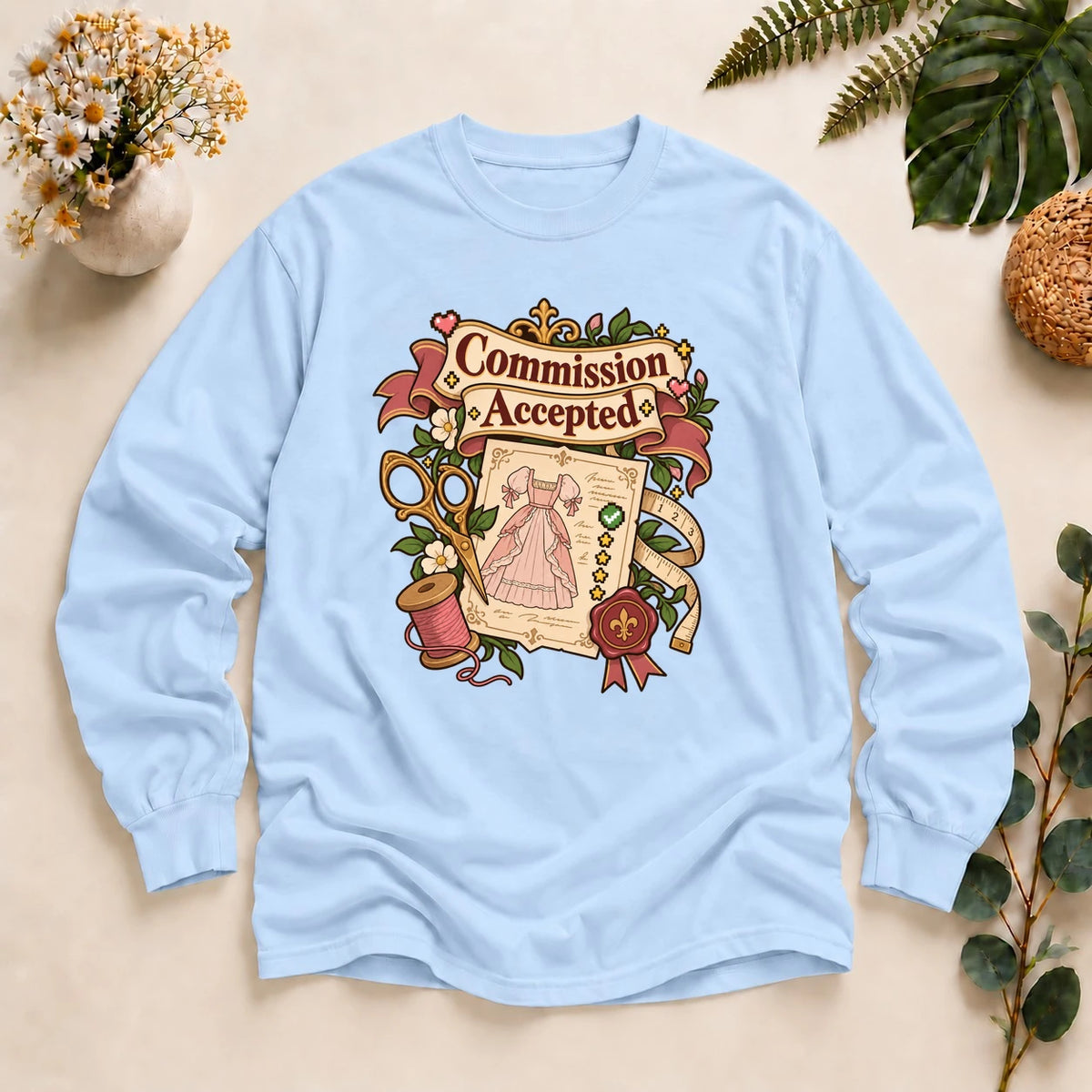 Commission Accepted Shirt, Dressmaker Sewing Tee, Cozy Gamer Seamstress Gift, Custom Sewing Business Shirt Long Sleeve T-Shirt