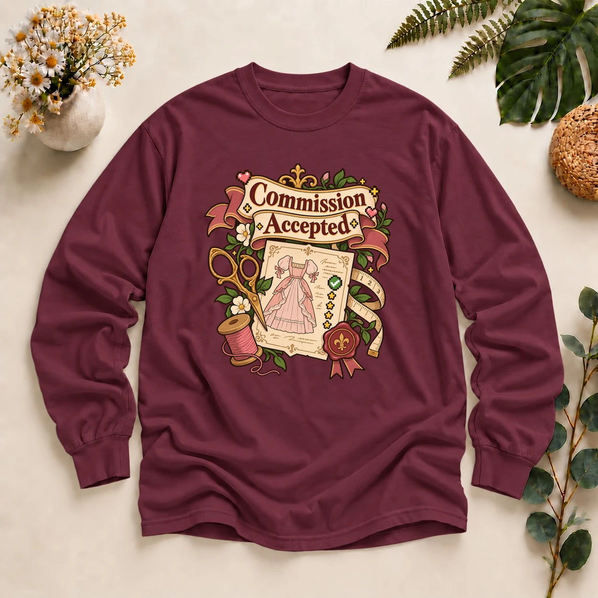 Commission Accepted Shirt, Dressmaker Sewing Tee, Cozy Gamer Seamstress Gift, Custom Sewing Business Shirt Long Sleeve T-Shirt