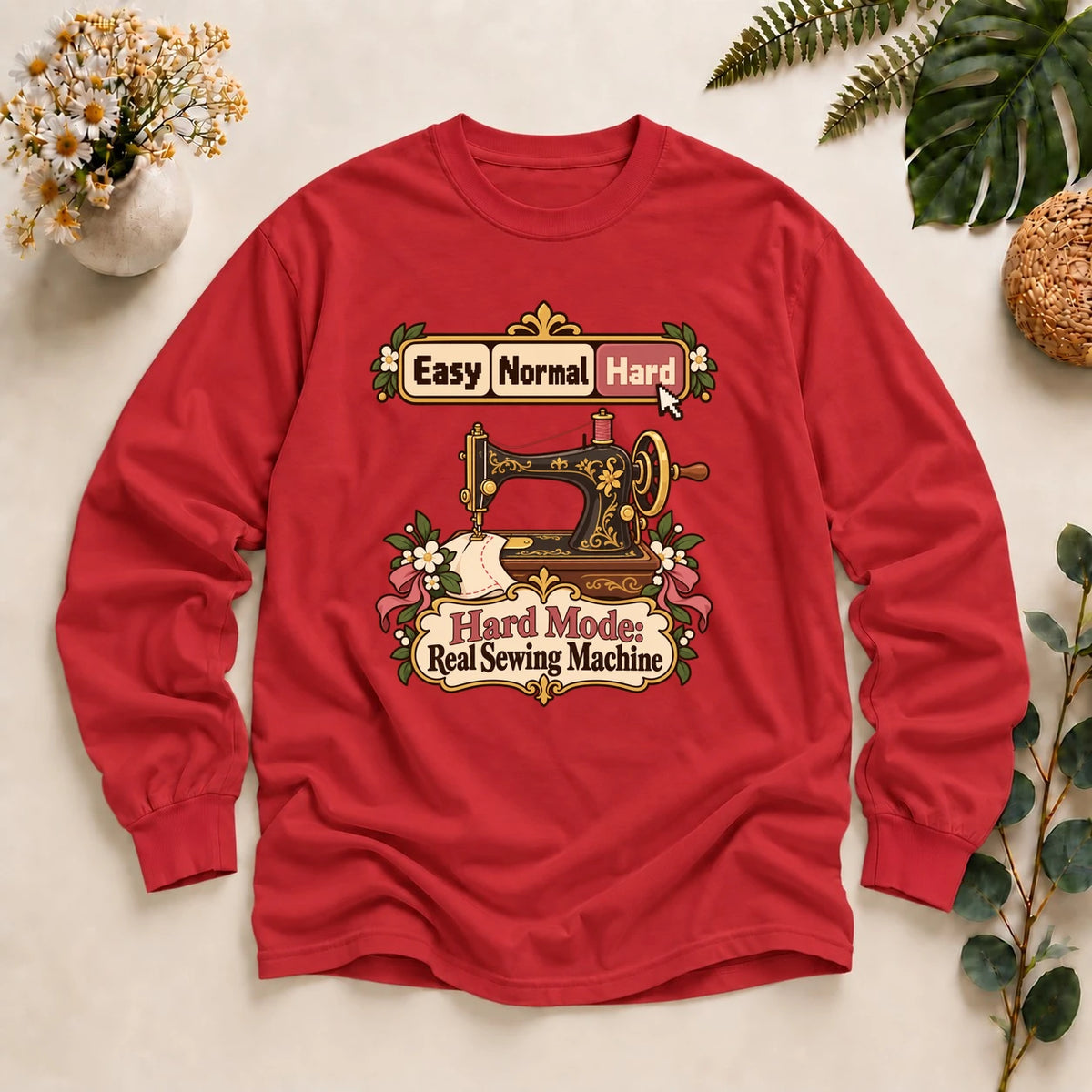 Hard Mode Real Sewing Machine Shirt, Cozy Gamer Sewing Tee, Funny Sewing Gift, Vintage Sewing Machine Shirt Long Sleeve T-Shirt