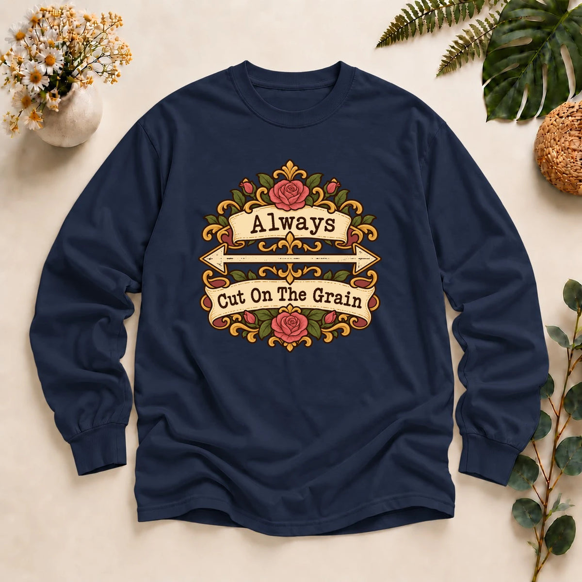 Always Cut On The Grain Shirt, Garment Sewing Tee, Dressmaker Gift, Sewing Pattern Shirt, Seamstress Gift Long Sleeve T-Shirt