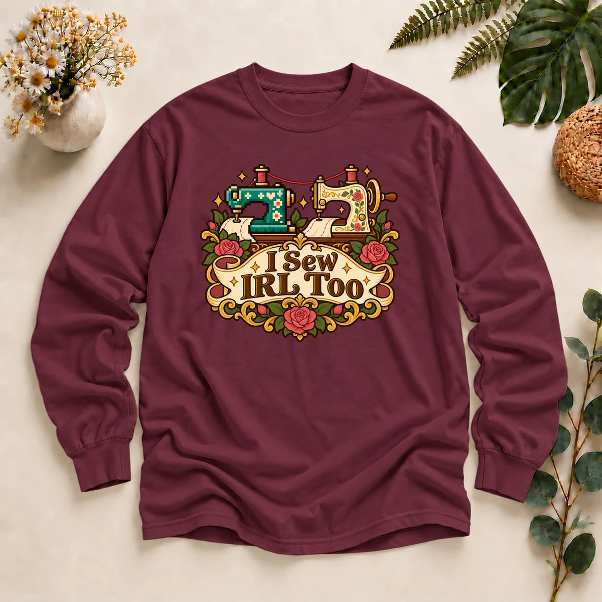 I Sew IRL Too Shirt, Cozy Gamer Sewing Tee, Pixel Sewing Machine Shirt, Seamstress Gamer Gift, Sewist Shirt Long Sleeve T-Shirt