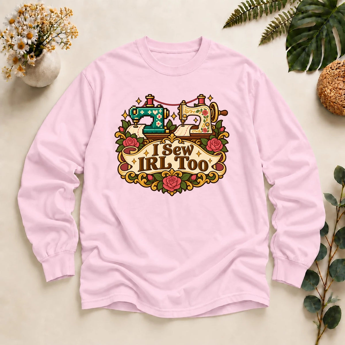 I Sew IRL Too Shirt, Cozy Gamer Sewing Tee, Pixel Sewing Machine Shirt, Seamstress Gamer Gift, Sewist Shirt Long Sleeve T-Shirt