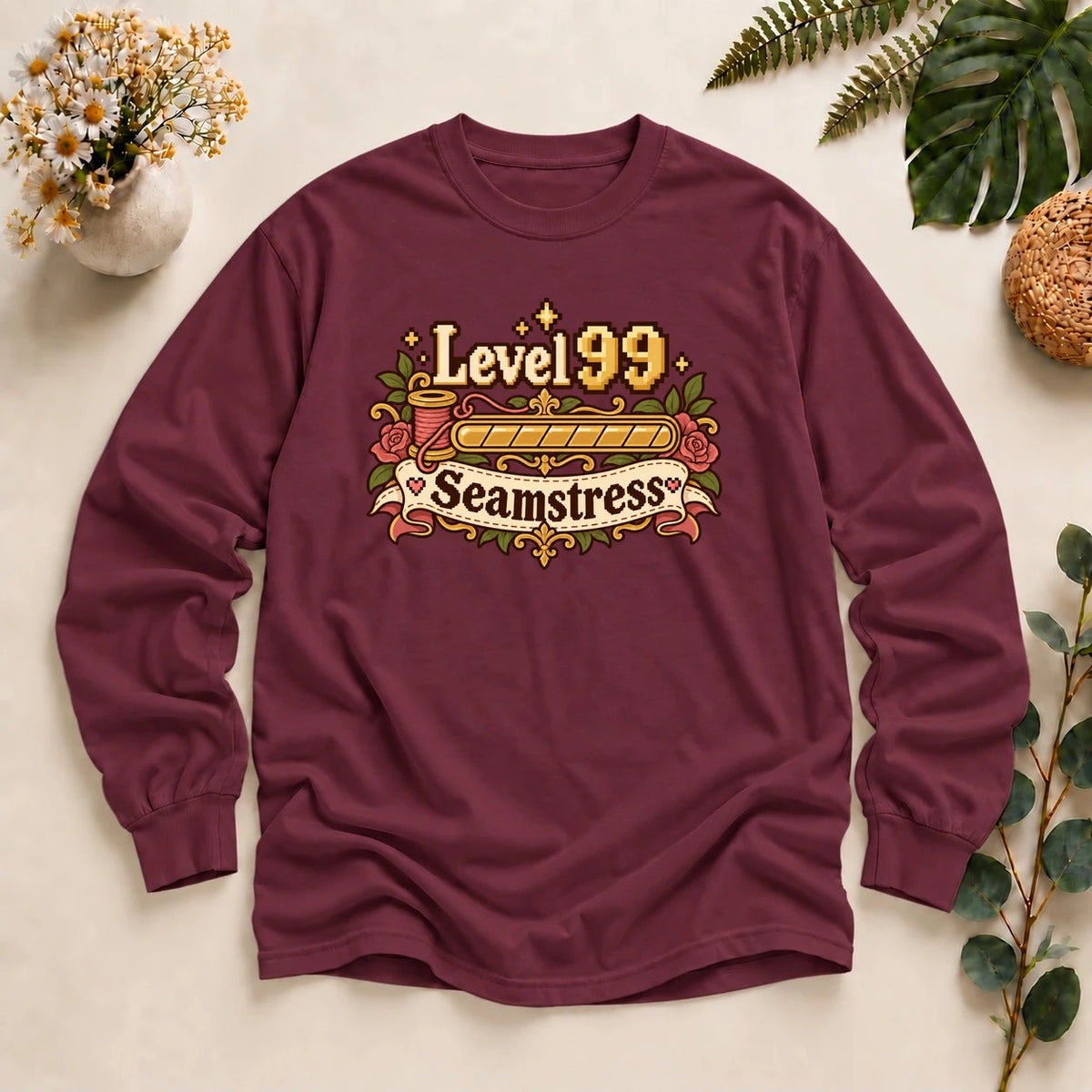 Level 99 Seamstress Shirt, Gamer Sewing Gift, Cozy Gamer Tee, Funny Seamstress Shirt, Sewing Lover Gift Long Sleeve T-Shirt
