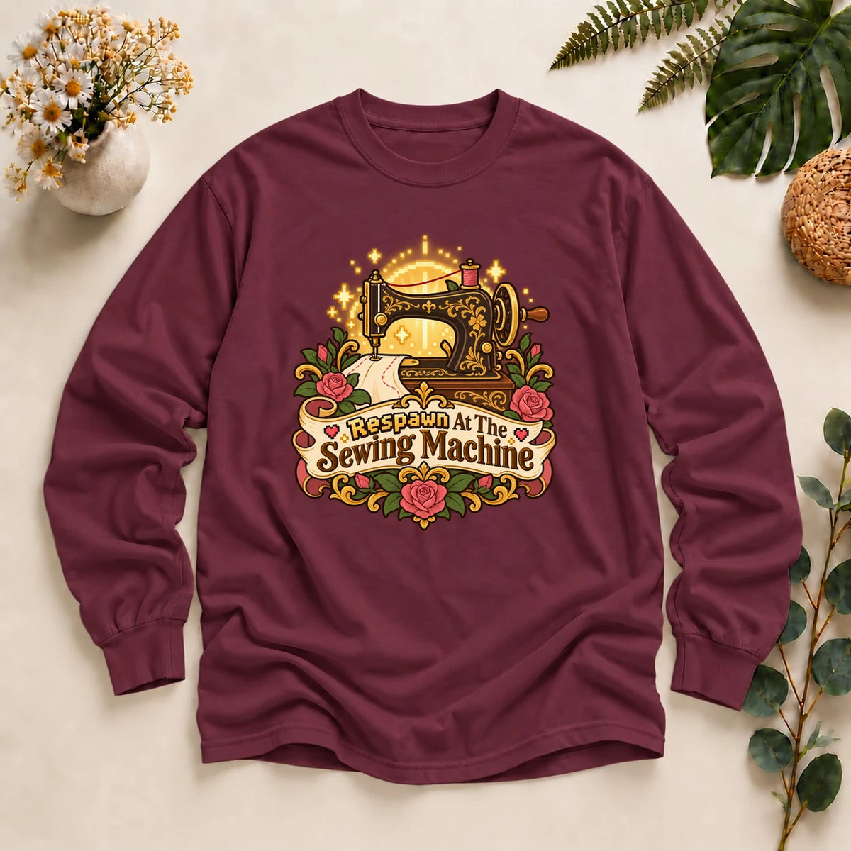 Respawn At The Sewing Machine Shirt, Gamer Sewing Tee, Cozy Gamer Gift, Vintage Sewing Machine Shirt Long Sleeve T-Shirt