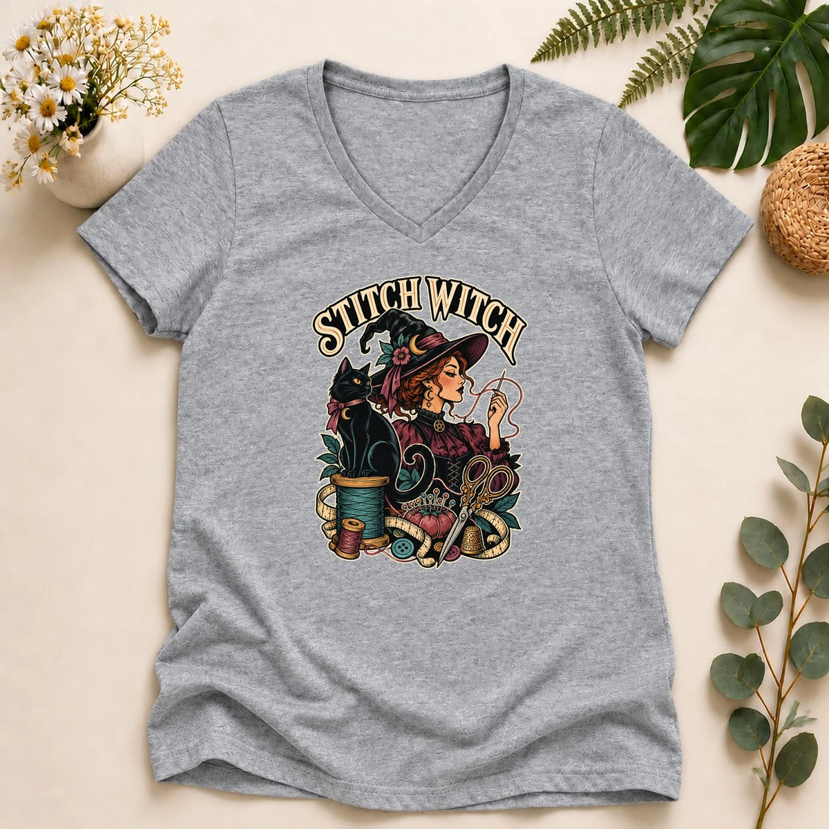 Stitch Witch – Halloween Sewing Lover Gift, Witchy Crafter & Black Cat Lady V-Neck