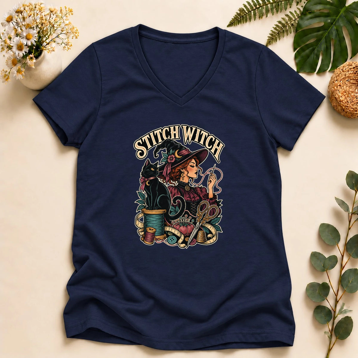 Stitch Witch – Halloween Sewing Lover Gift, Witchy Crafter & Black Cat Lady V-Neck