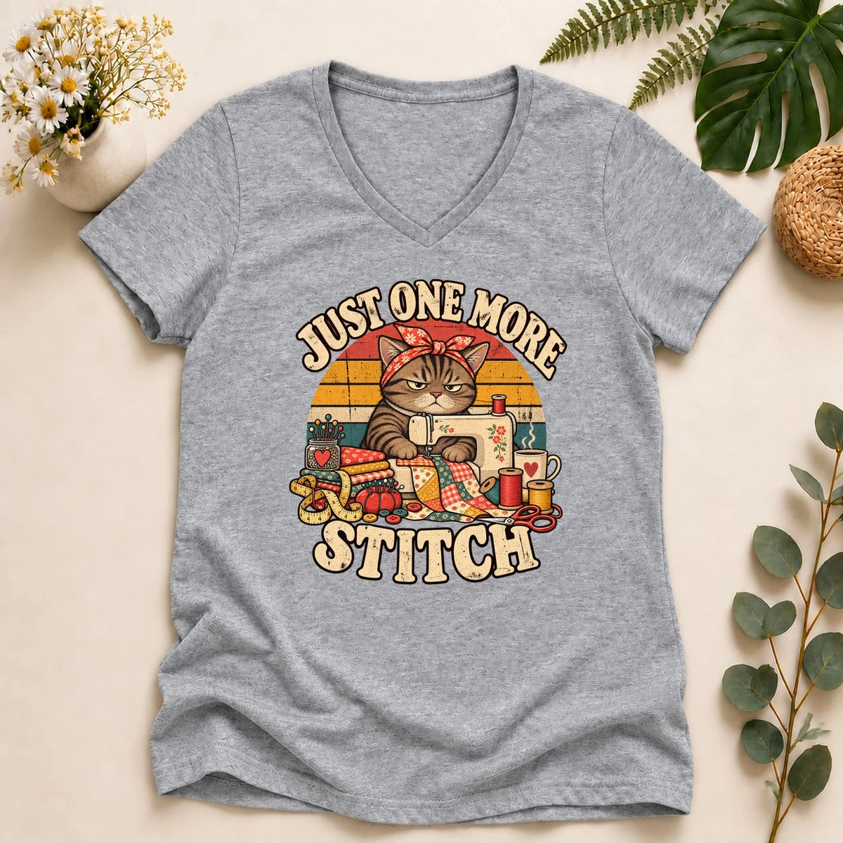 Just One More Stitch – Funny Cat Sewist Gift, Sewing Lover Lady V-Neck