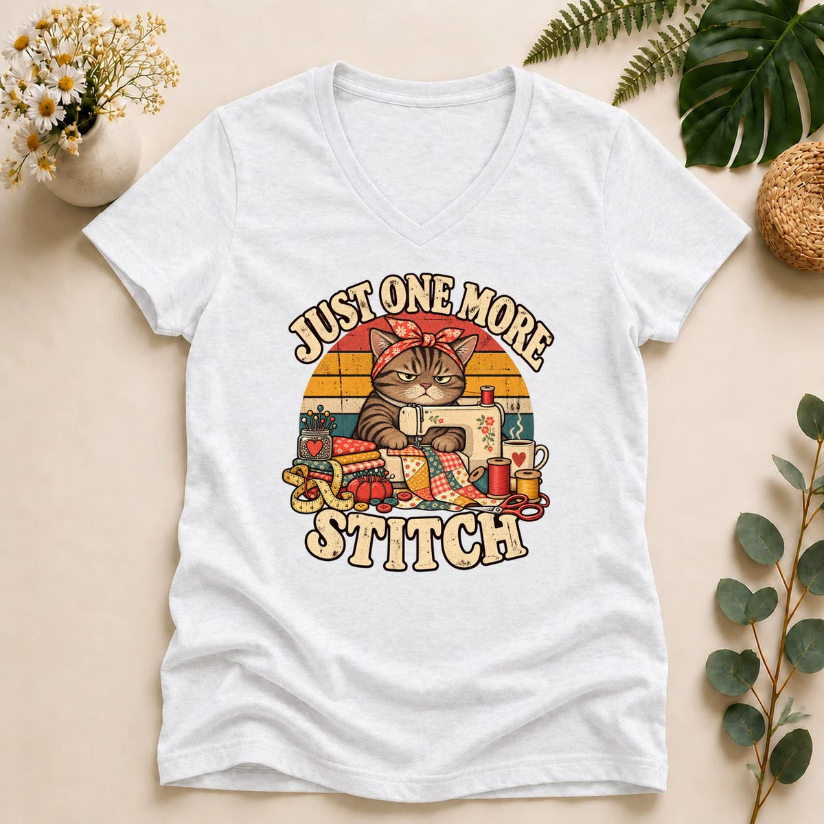 Just One More Stitch – Funny Cat Sewist Gift, Sewing Lover Lady V-Neck