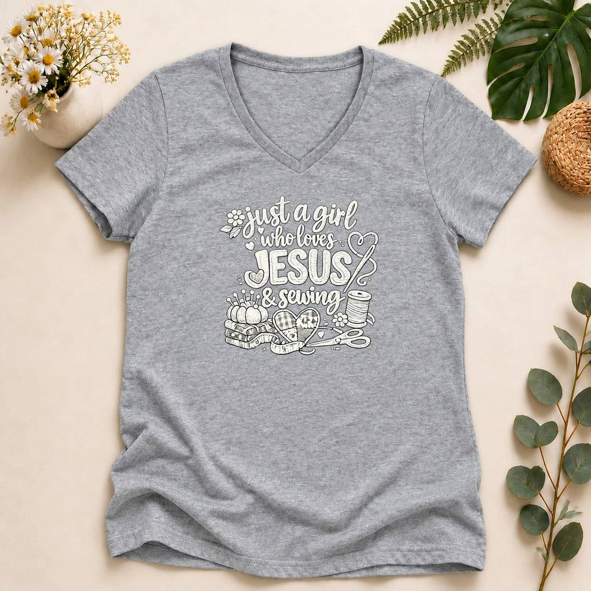 Just a Girl Who Loves Jesus & Sewing – Christian Sewist Gift Lady V-neck