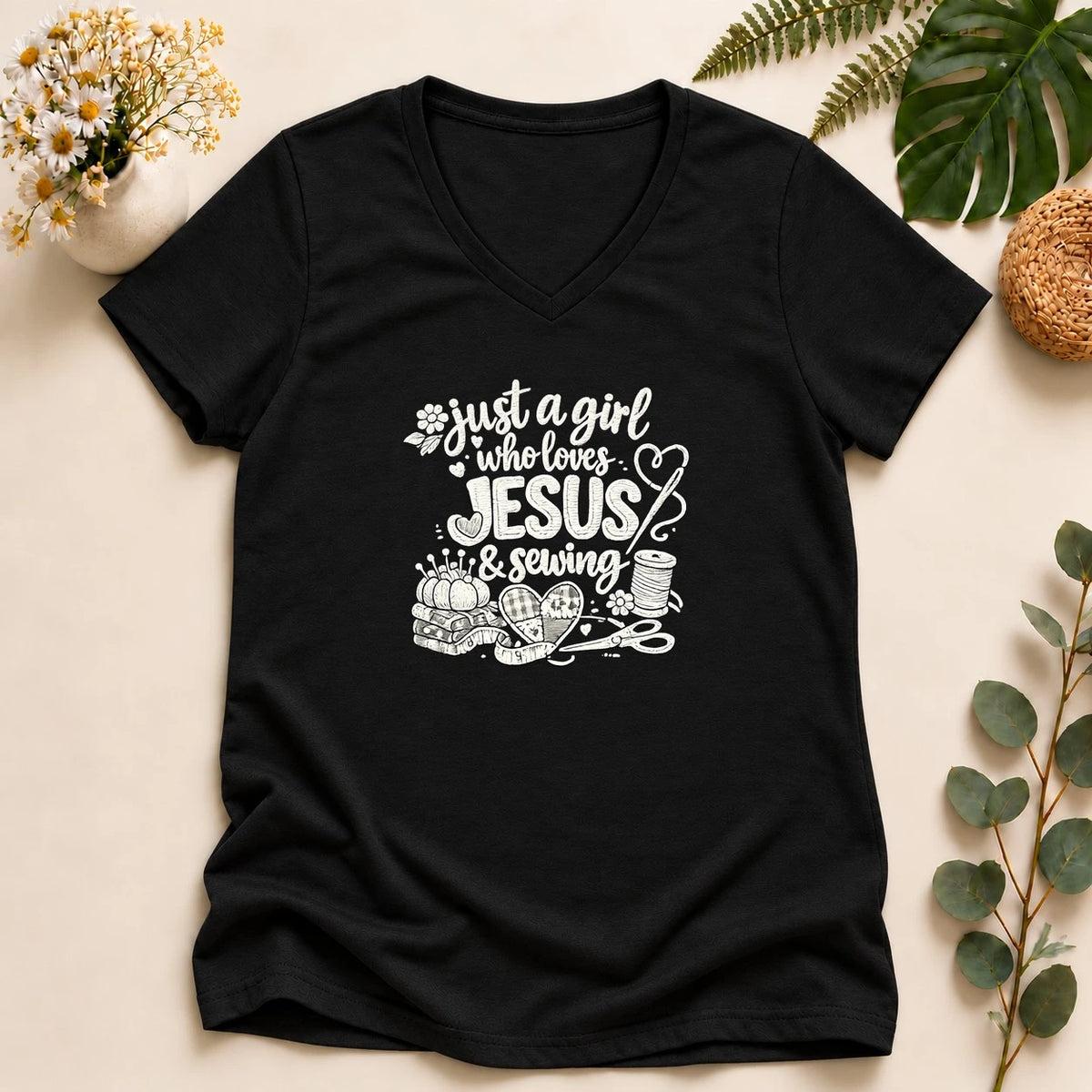 Just a Girl Who Loves Jesus & Sewing – Christian Sewist Gift Lady V-neck