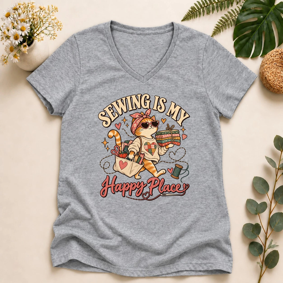 Sewing Is My Happy Place – Cute Cat Sewist Gift, Fabric Lover Lady V-neck