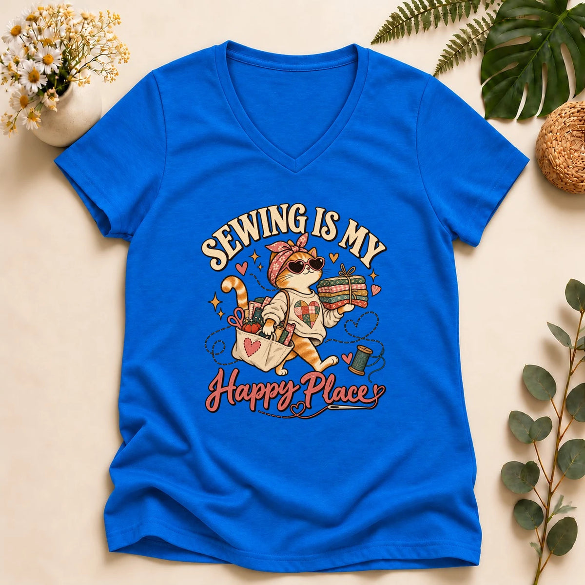 Sewing Is My Happy Place – Cute Cat Sewist Gift, Fabric Lover Lady V-neck