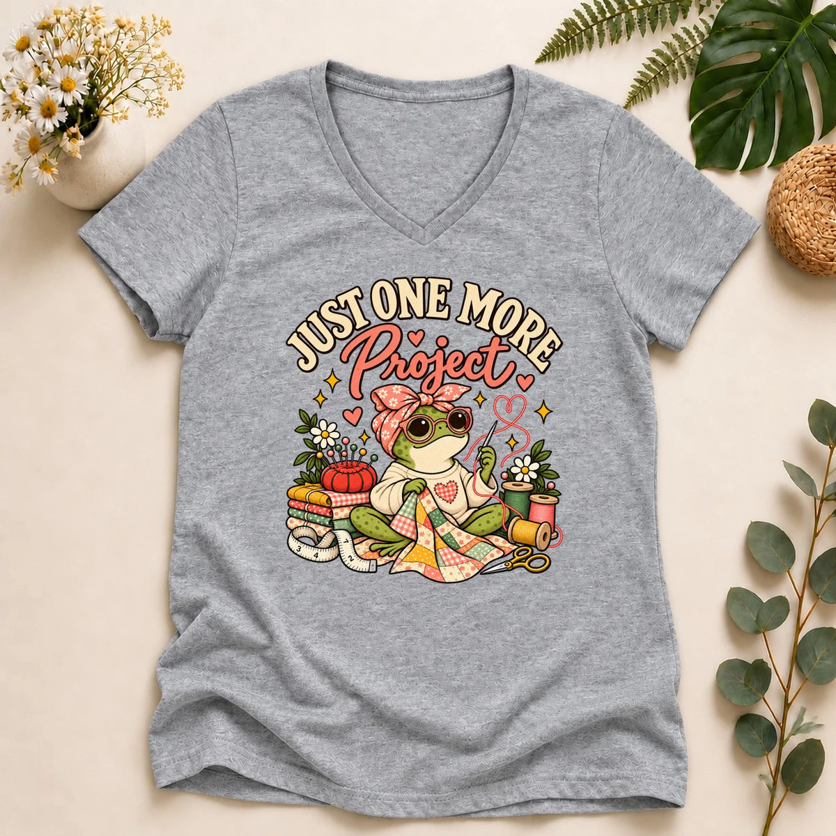 Just One More Project – Funny Frog Quilter Gift, Sewing Lover Lady V-neck