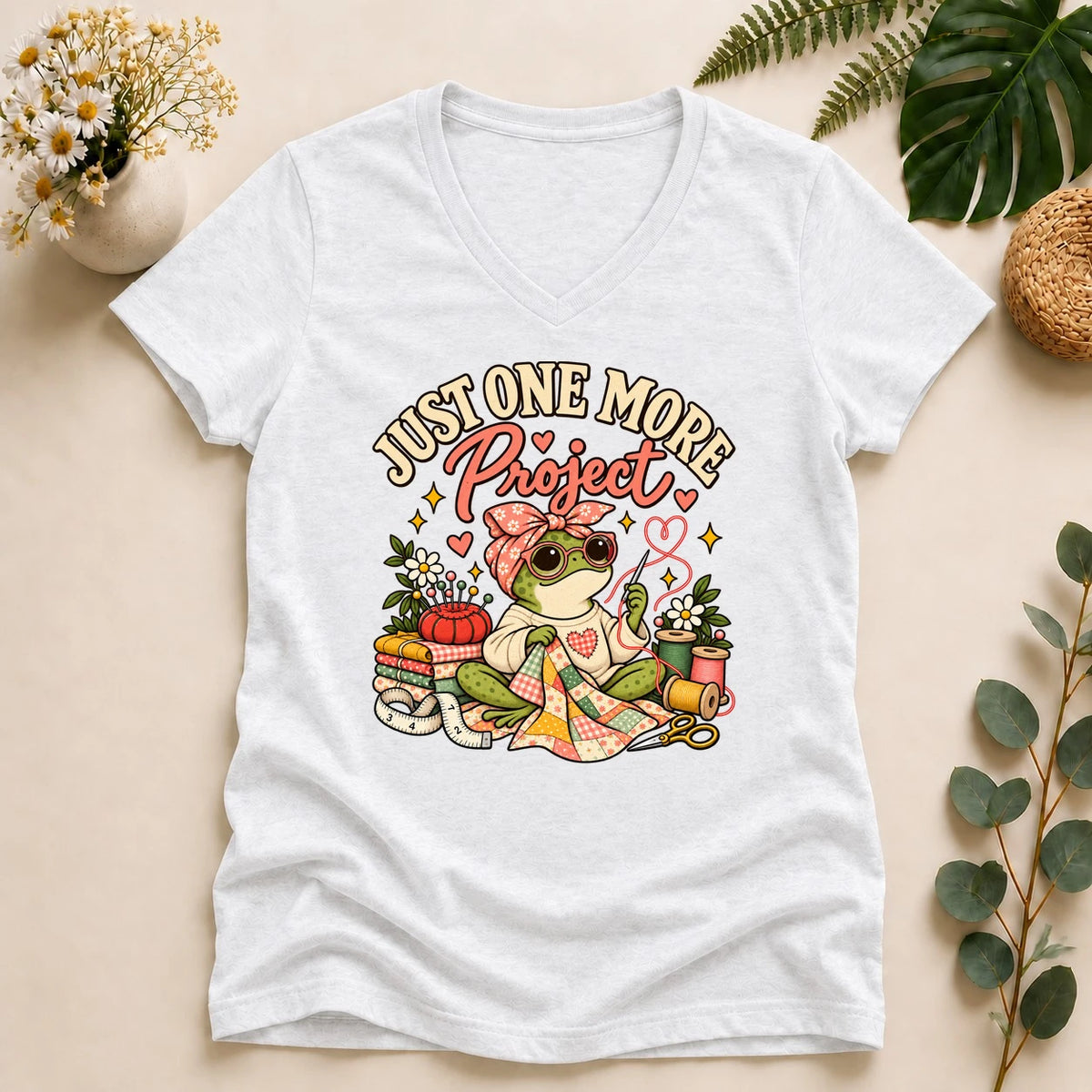 Just One More Project – Funny Frog Quilter Gift, Sewing Lover Lady V-neck