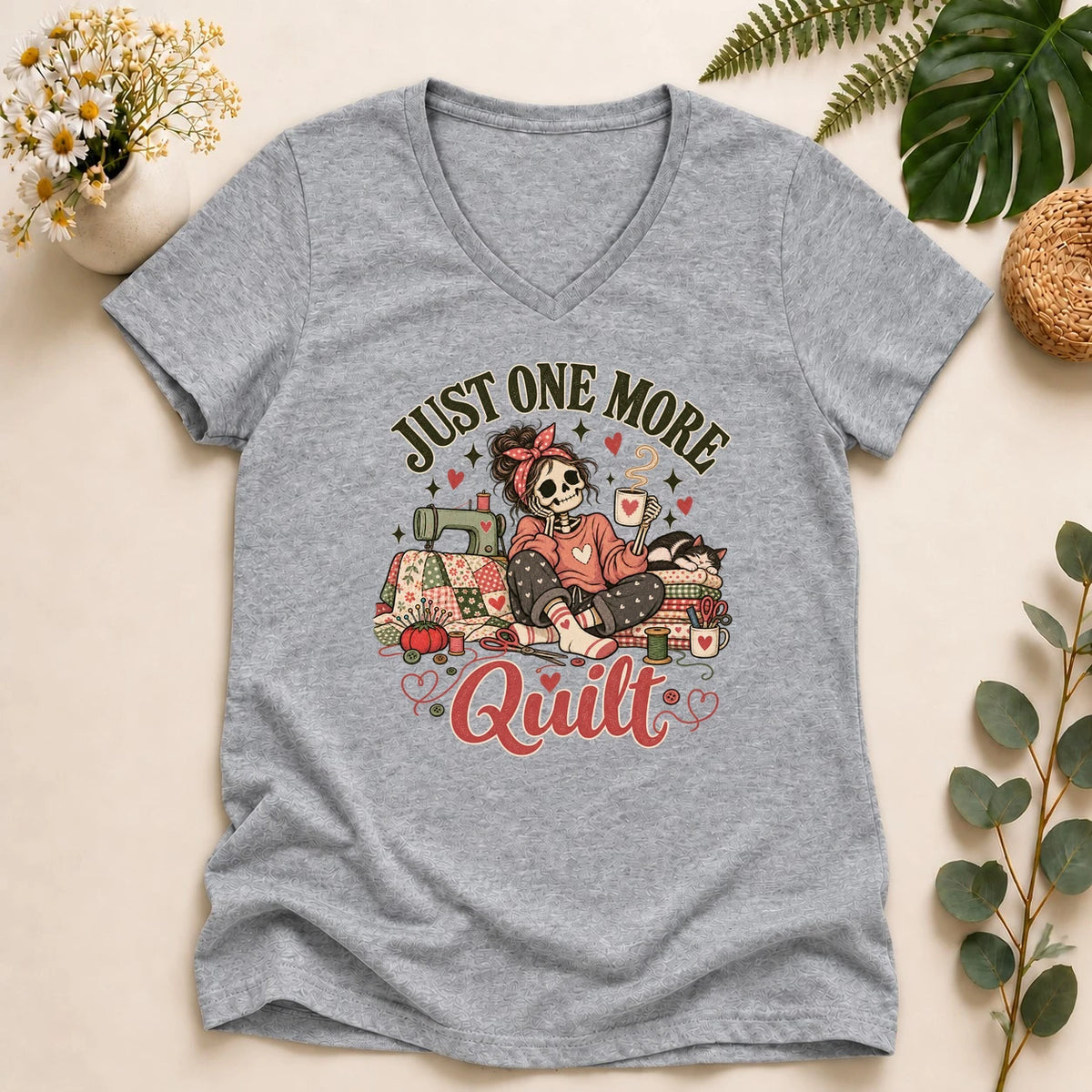 Just One More Quilt – Funny Skeleton Quilter Gift, Sewing Lady V-neck