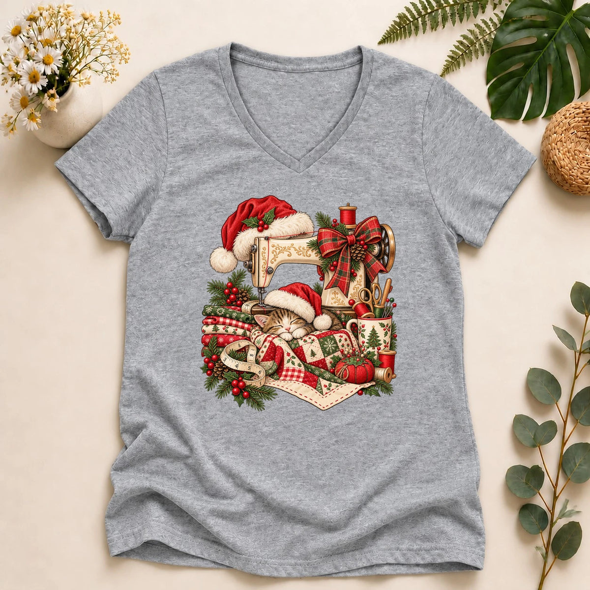 Christmas Sewing Cat – Cozy Quilter Gift, Holiday Sewing Lover Lady V-Neck