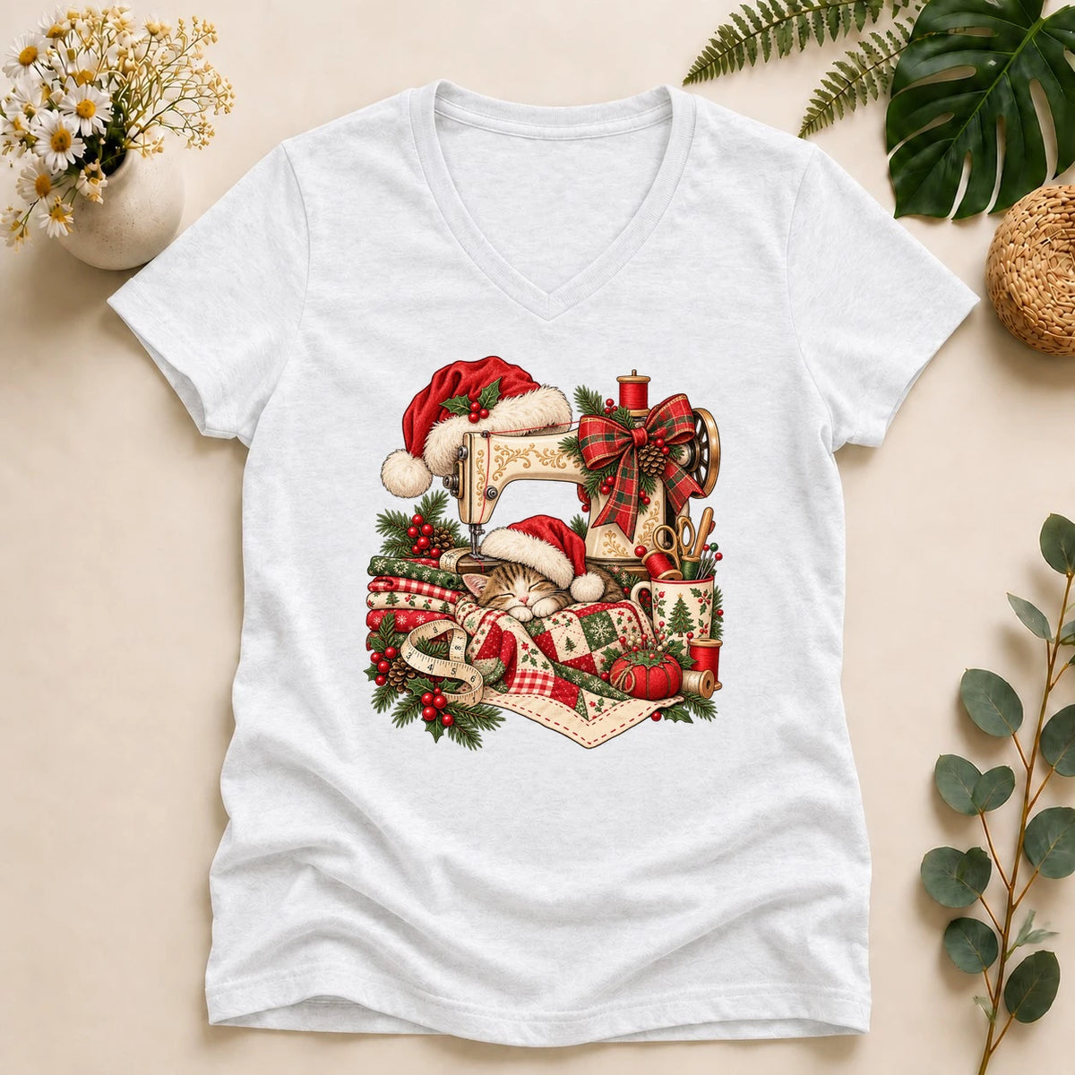 Christmas Sewing Cat – Cozy Quilter Gift, Holiday Sewing Lover Lady V-Neck