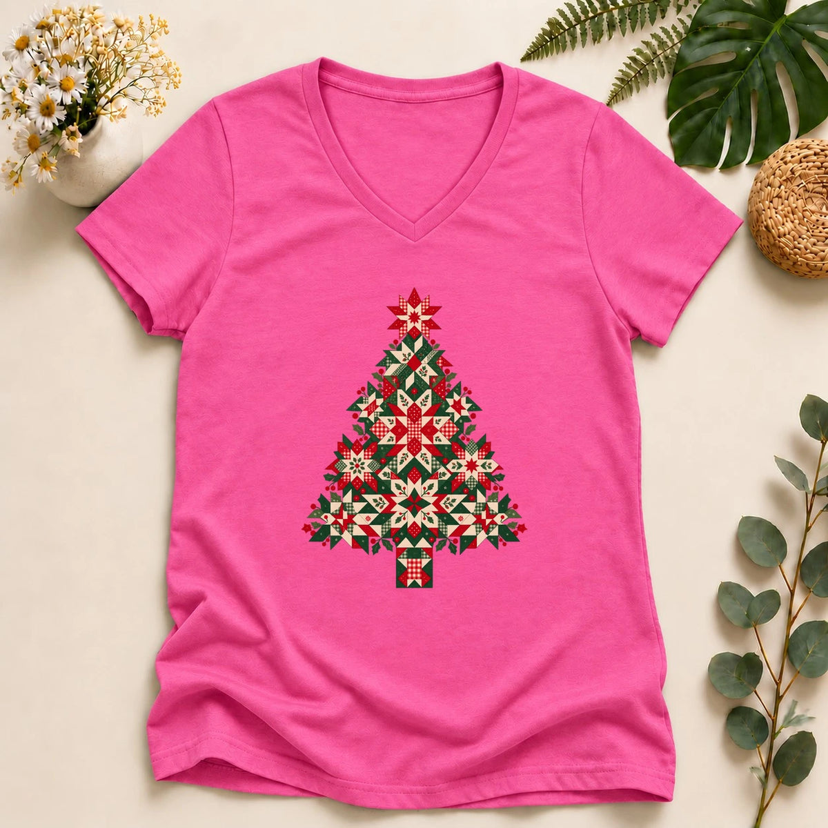 Christmas Quilt Tree – Festive Quilter Gift, Patchwork Holiday Lady V-Neck